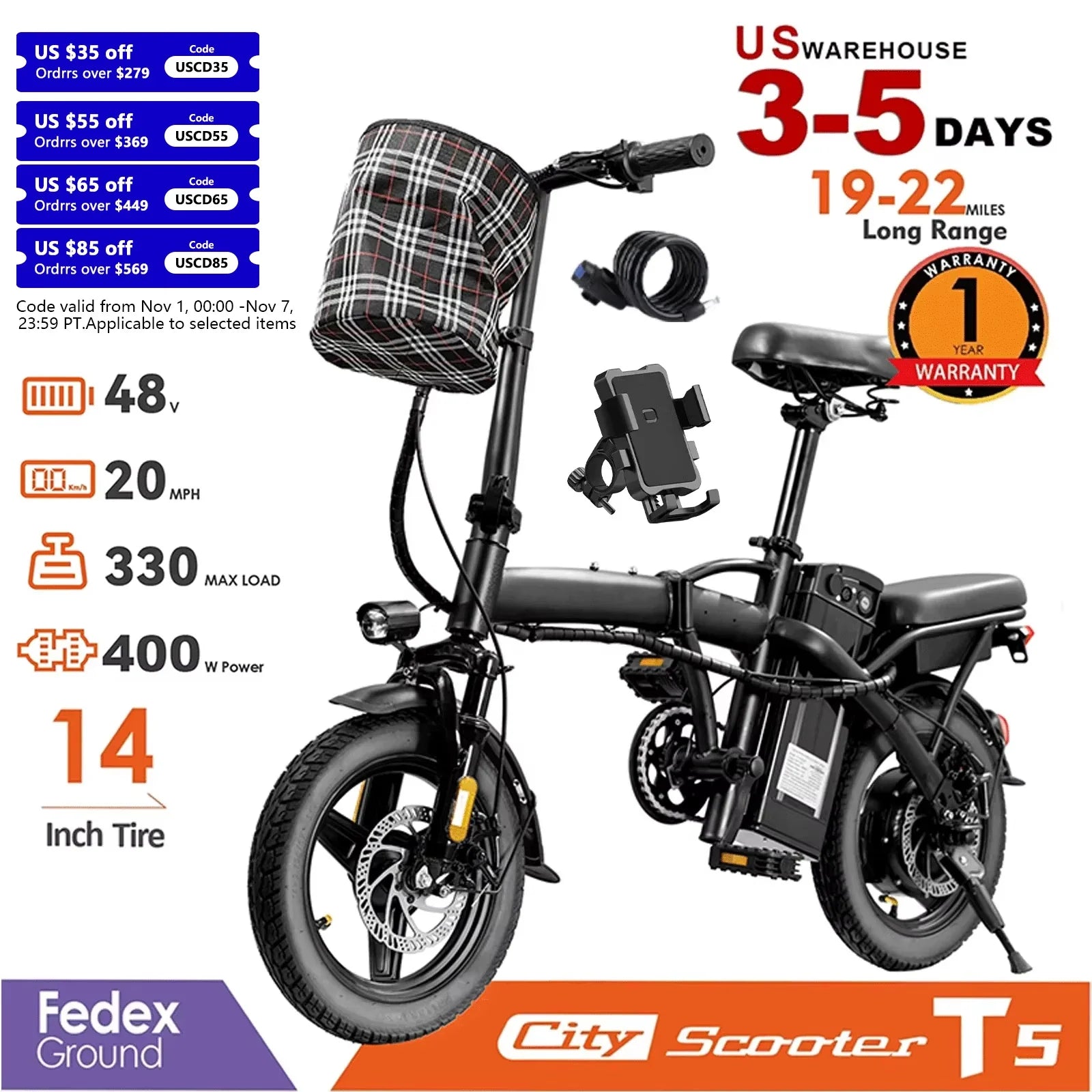 14-Inch (35 cm) Folding Electric Bike — 48V Removable Battery, 400W Motor, 20 MPH (32 km/h), 19–37 Mile (31–60 km) Range