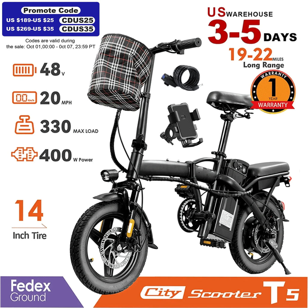 14-Inch (35 cm) Folding Electric Bike — 48V Removable Battery, 400W Motor, 20 MPH (32 km/h), 19–37 Mile (31–60 km) Range