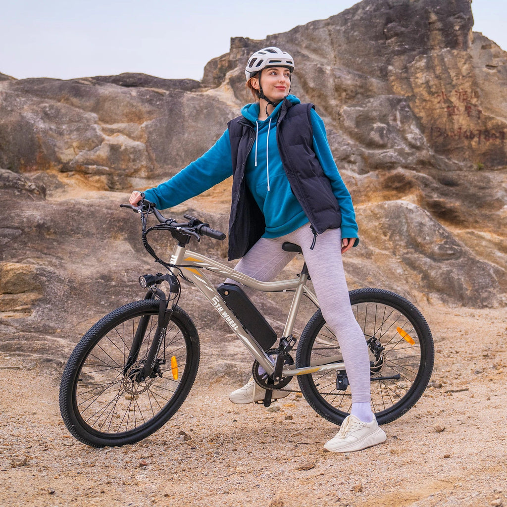 700W Peak Electric Bike, 23 MPH (37 km/h), 36V 375Wh Removable Battery, 7-Speed, Front Suspension, Color LCD Display (Gray)