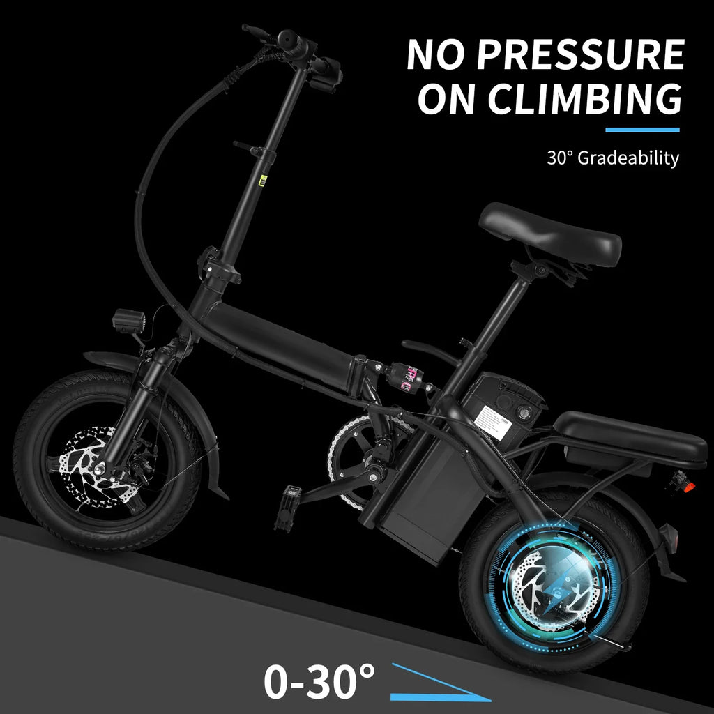 Foldable Electric Bike 500W Motor Dual Disc Brakes 14-inch (35.6 cm) Wheels 48V 10Ah Battery Up to 22 mi Range 20 MPH Commuter with Seat & Basket